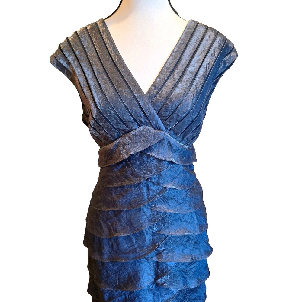 Adrianna Papell Shutter Pleat Tiered Dress Size 12 Metallic Slate Blue Cocktail - Picture 2 of 11